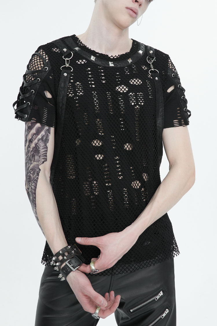 Black Half Hollow Shoulder Tie Design Men's Punk T-Shirt - Black - 1