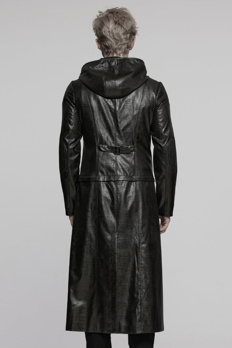 Black Long Sleeves Ruched Faux Leather Stitching Hooded Detachable Men's Punk Coat - Product - 3