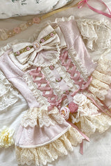 Pink [Sweet Tea Rose Dew] Triple-Layered Ruffle Bowknot Lace Gorgeous Sweet Lolita Skirt - Product - 6