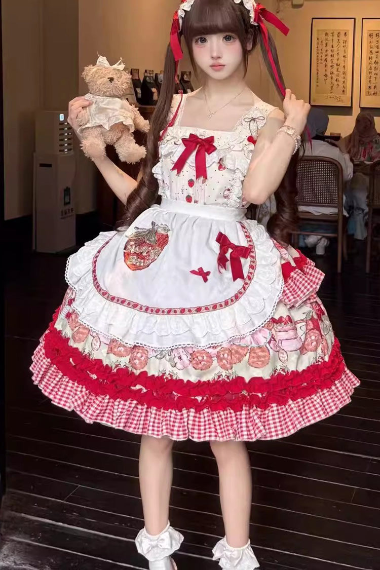 Red [Strawberry Bear] Sleeveless Double-Layered Print Ruffle Bowknot Sweet Princess Lolita Jsk Dress - Product - 2