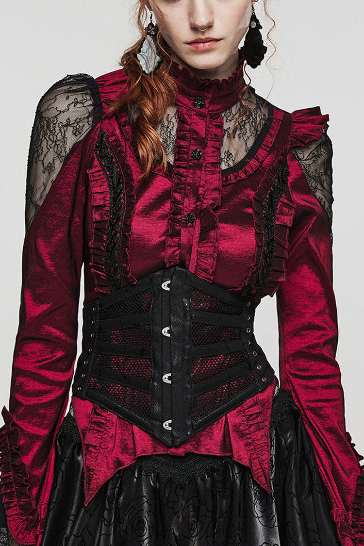 Black Print Leather Hollow Stitching Mesh Women's Gothic Corset - Black - 1