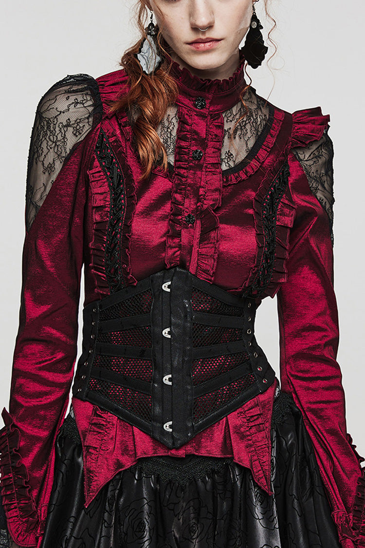 Black Print Leather Hollow Stitching Mesh Women's Gothic Corset - Black - 1