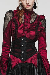 Black Print Leather Hollow Stitching Mesh Women's Gothic Corset - Black - 1