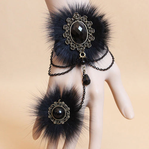 Black Retro Fashion Lace Fox Hair Female Gothic Lolita Ring Bracelet - Black - 1
