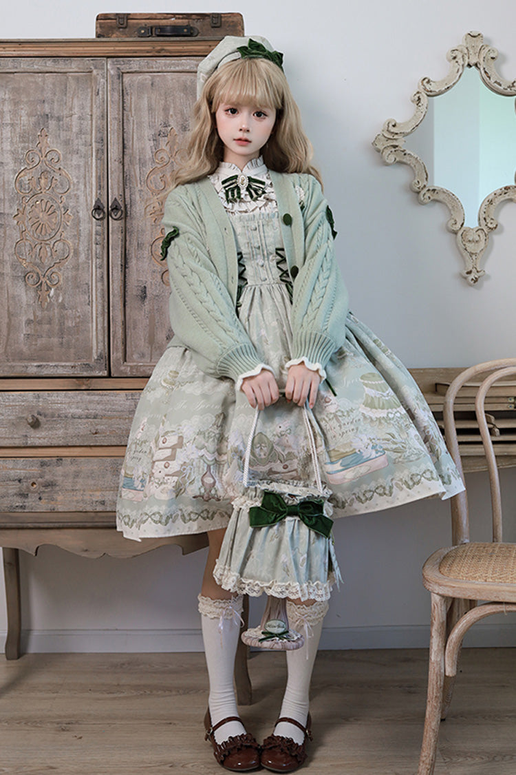 [Iris Study] Square Collar Print Bowknot Lace-Up Sweet Lolita Jumper Dress 2 Colors - Product - 8