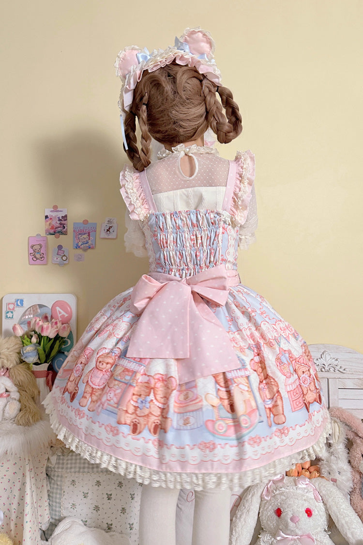 [Bear Anniversary Celebration] Sleeveless Printed Ruffled Bow Sweet Lolita Strap Dress 2 Colors - Product - 3