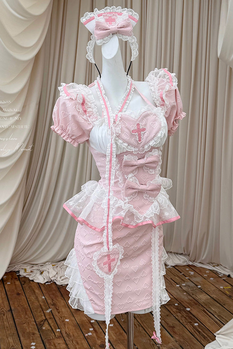Pink [Little Nurse] Square Collar Short Sleeves Jacquard Ruffled Embroidered Bow Lace Chinese Style Sweet Lolita Skirt Set - Pink(Set) - 1