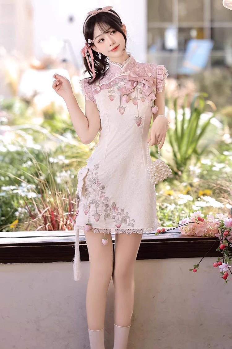 White/Pink [Spring Strawberry] Stand Collar Ruffled Embroidered Lace Color-Blocked Chinese Style Sweet Lolita Dress Cheongsam - Product - 13