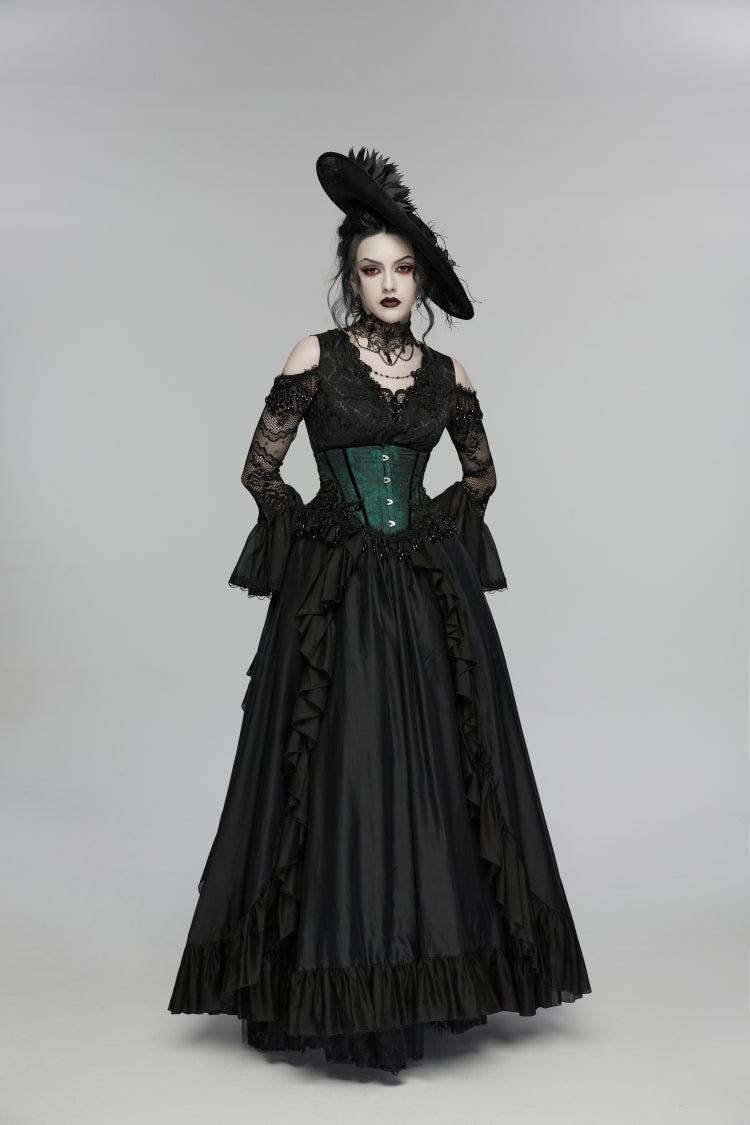 Black/Green Jacquard Lace-Up Slim Women's Gothic Tassels Corset - Product - 5