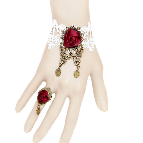 White Retro Fashion Personality Red Rose Flower Lace Female Lolita Ring Bracelet - White - 1