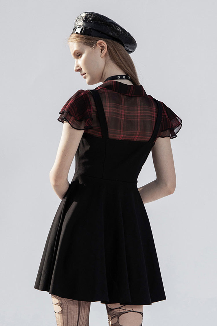 Black/Red V-Neck Ruffled Short-Sleeved Check Chiffon Waisted Skull Stud Women's Punk Dress - Product - 3