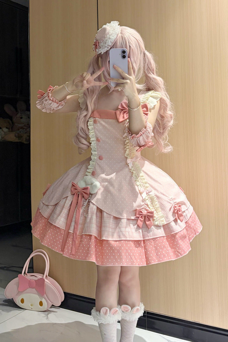 Pink [Glass Bottle] Square Collar Sleeveless Triple-Layered Printed Ruffled Bow Asymmetric Sweet Lolita Jsk Dress - Product - 4