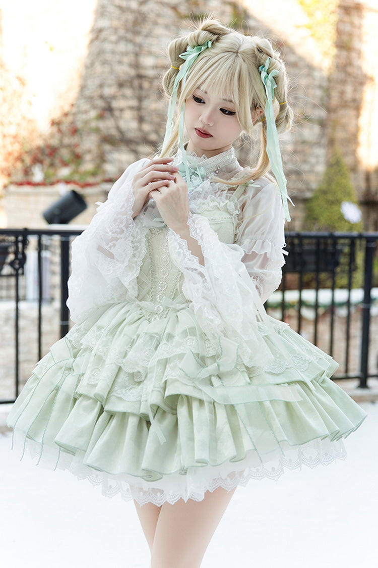 Light Green Halterneck Double-Layered Jacquard Ruffle Bowknot Lace Sweet Ballet Lolita Jsk Dress - Product - 3