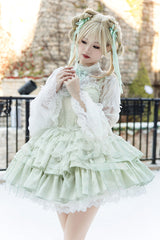 Light Green Halterneck Double-Layered Jacquard Ruffle Bowknot Lace Sweet Ballet Lolita Jsk Dress - Product - 3