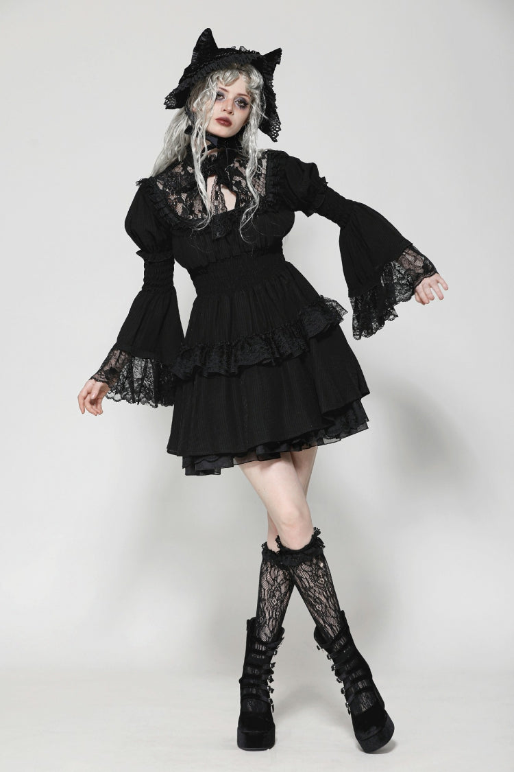 Black Lace Ruffled Stand Collar Long Puff Sleeves Cut-Out Women's Gothic Grad Dress - Product - 6