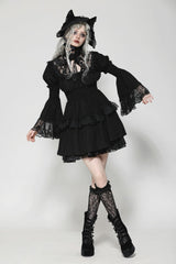 Black Lace Ruffled Stand Collar Long Puff Sleeves Cut-Out Women's Gothic Grad Dress - Product - 6