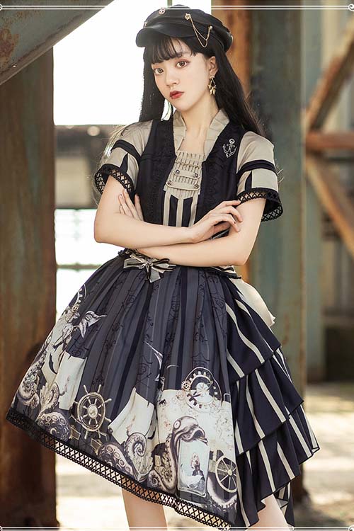 Pirate Boat Series OP Retro Irregular Big Hem Punk Lolita Short Sleeve Dress - Product - 3