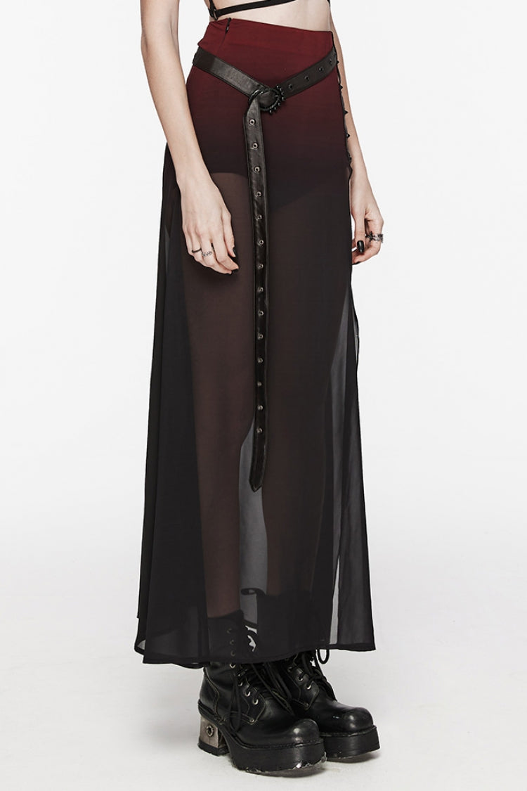 Black/Red Rivet Split Women's Gothic Skirt with Belt - Product - 2
