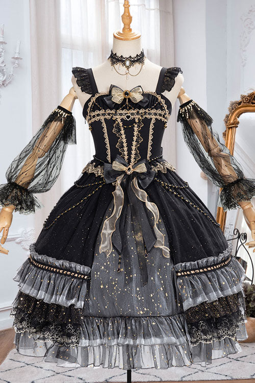 Black Starry Night Square Collar Bowknot Multi-Layer Ruffled Cardigan Gothic Lolita JSK Dress with Detached Sleeves - Black - 1