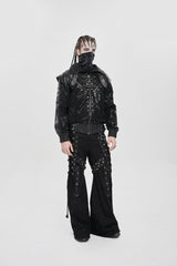 Black Faux Leather Stitching Buckle Zipper Straps Men's Punk Coat - Product - 10
