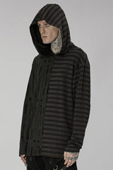 Black Punk Personality Left-Right Asymmetrical Knitted Stitching Casual Hooded Men's T-Shirt - Product - 2