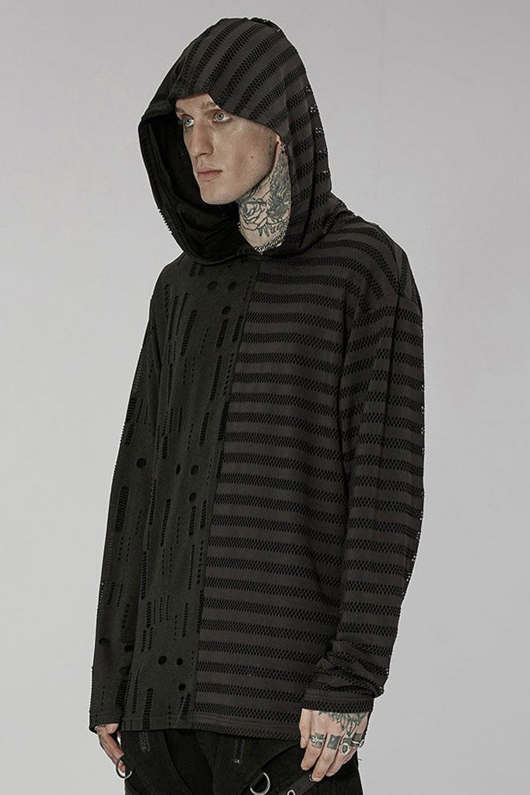 Black Punk Personality Left-Right Asymmetrical Knitted Stitching Casual Hooded Men's T-Shirt - Product - 2