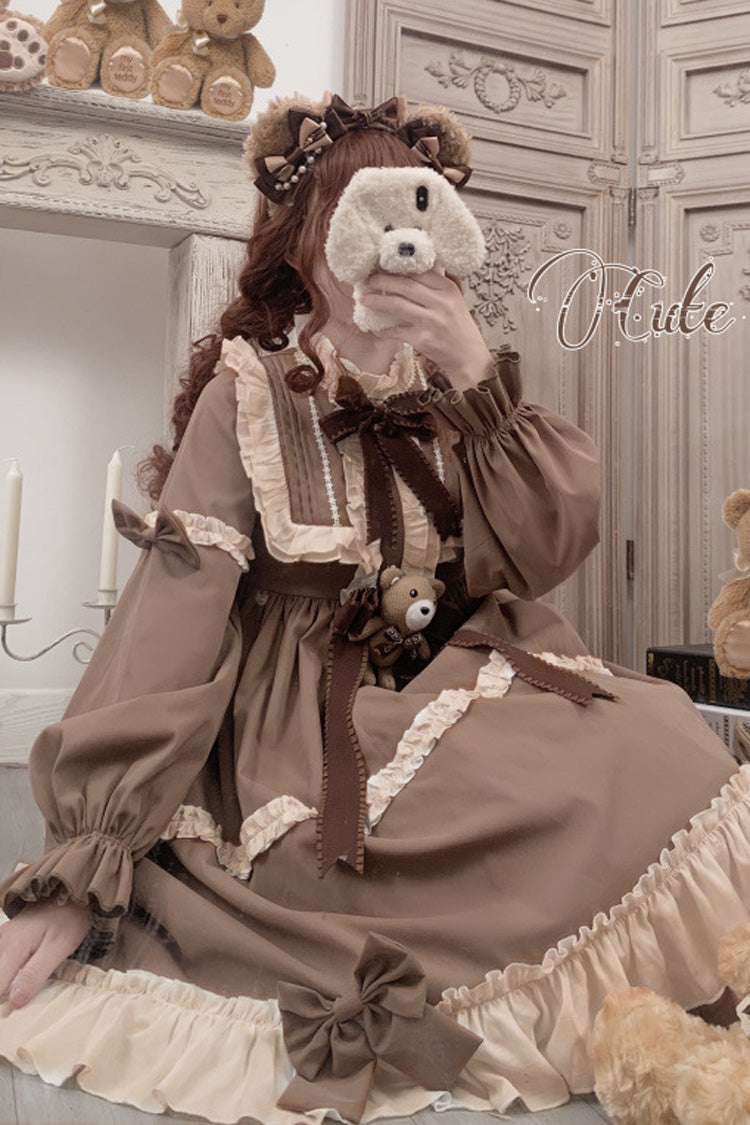 Brown Caramel Teddy Bear Round Collar Long Sleeve Stitching Bowknot Ruffled Sweet Lolita OP Dress - Product - 4