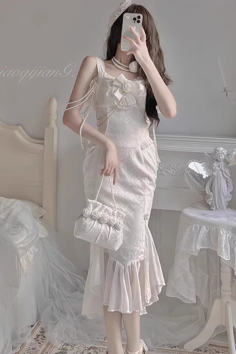 White [Camellia 1.0] Sleeveless Jacquard Ruffle Lace Sweet Chinese Style Lolita Jsk Fishtail Dress - Product - 9