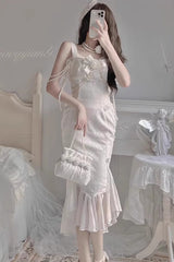 White [Camellia 1.0] Sleeveless Jacquard Ruffle Lace Sweet Chinese Style Lolita Jsk Fishtail Dress - Product - 9
