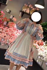 Blue/Pink [Sweetheart Puff] Doll Collar Long Sleeves Ruffle Bowknot Sweet Plus Size Lolita Dress - Product - 7
