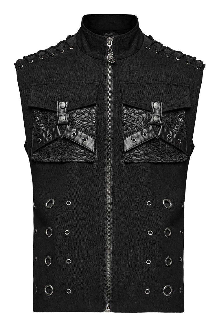 Black Stand Collar Stitching Slim Men's Punk Vest - Product - 5