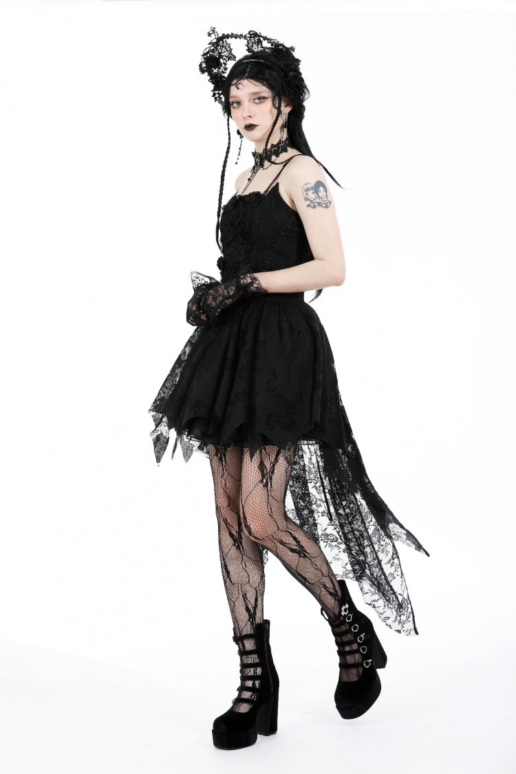 Black Sleeveless Rose Lace Lace-Up Women's Gothic High Low Dovetail Slip Wedding Dress - Product - 2