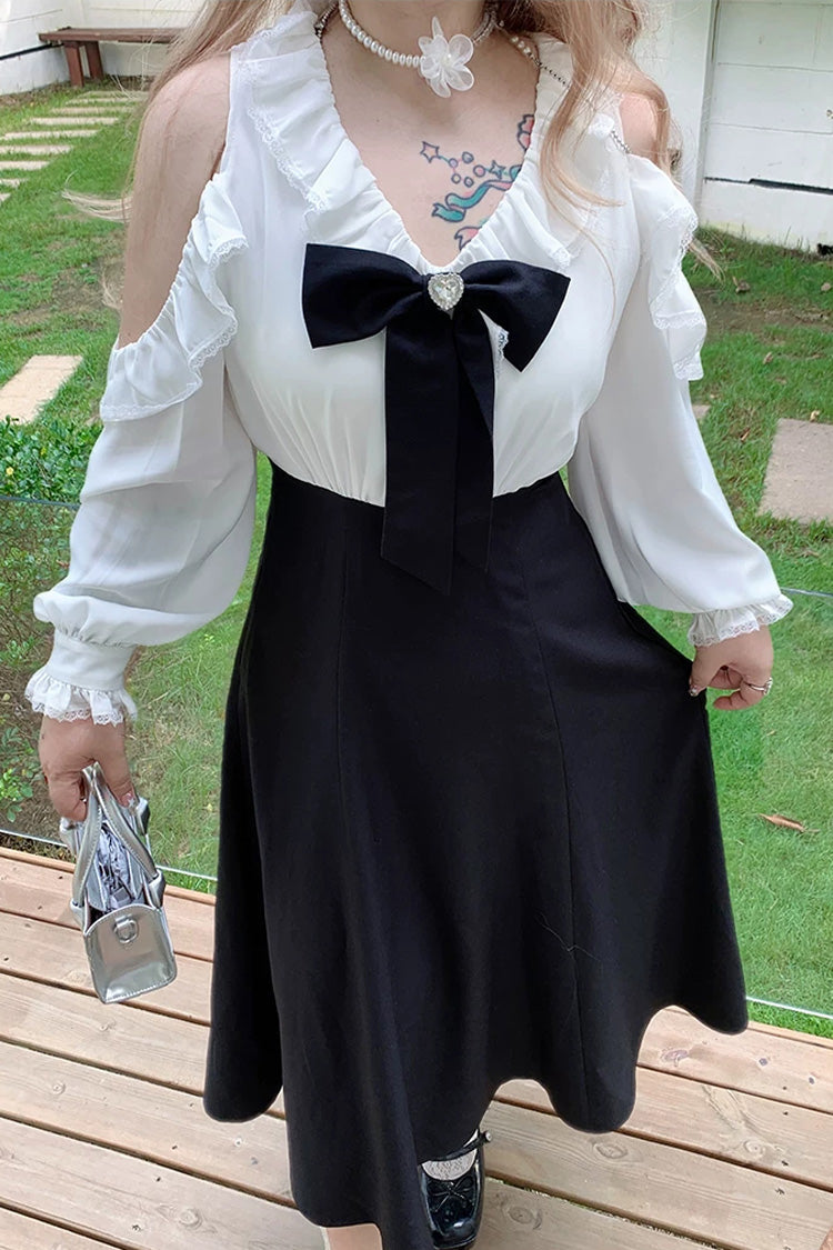 Black/White V Collar Off Shoulder Long Sleeves Ruffled Bow Faux Two-Piece Classic Plus Size Lolita Dress - Product - 11