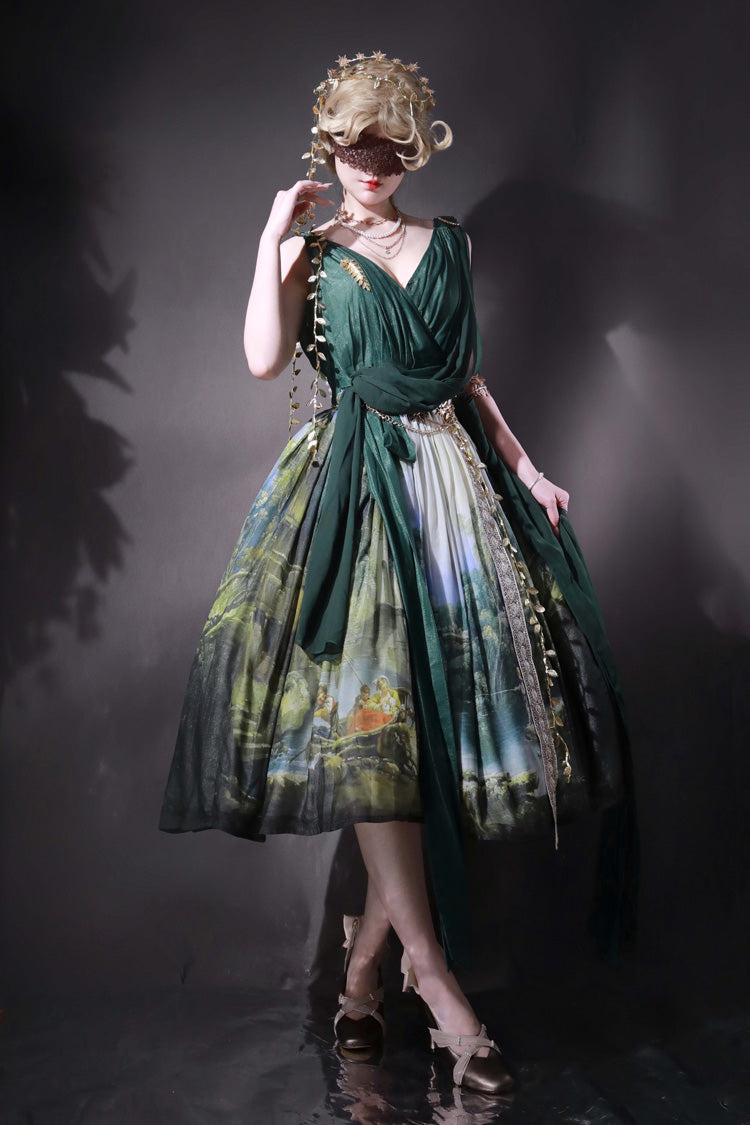 Green [Grace in Favor] V Collar Sleeveless Oil Painting Printed Sweet Lolita Jsk Dress - Product - 6
