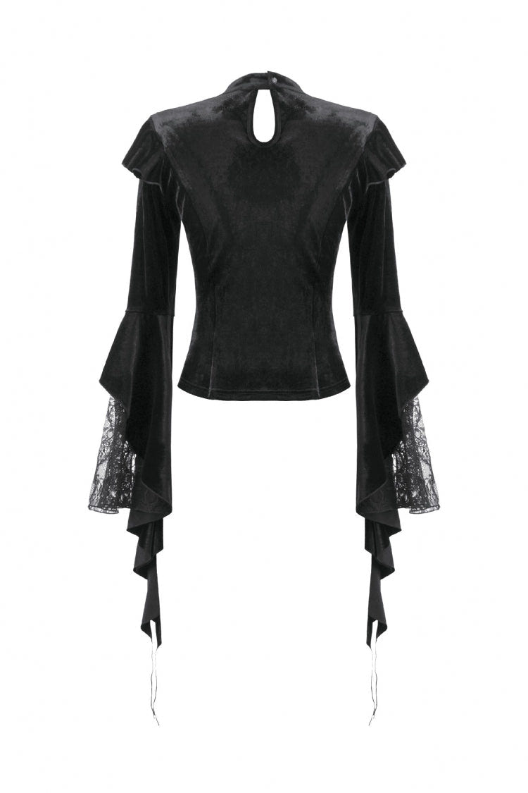 Black Multi-Layered Long Flare Sleeves Embroidered Sheer Mesh Splice Velvet Women's Gothic Top - Product - 13