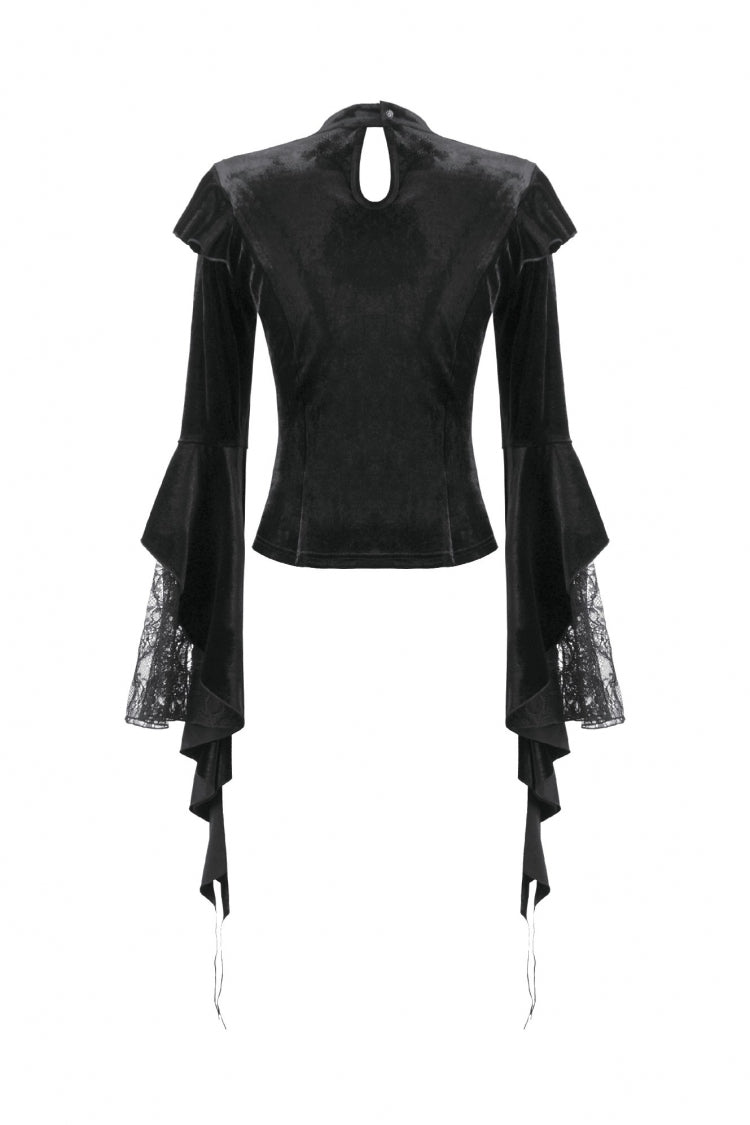 Black Multi-Layered Long Flare Sleeves Embroidered Sheer Mesh Splice Velvet Women's Gothic Top - Product - 13