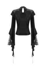 Black Multi-Layered Long Flare Sleeves Embroidered Sheer Mesh Splice Velvet Women's Gothic Top - Product - 13