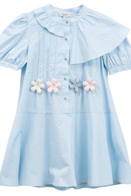 Blue Irregular Ruffled Round Collar Bubble Short Sleeves Waist With Flower Accessories High Waisted Sweet Lolita Dress - Product - 8
