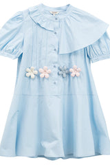 Blue Irregular Ruffled Round Collar Bubble Short Sleeves Waist With Flower Accessories High Waisted Sweet Lolita Dress - Product - 8