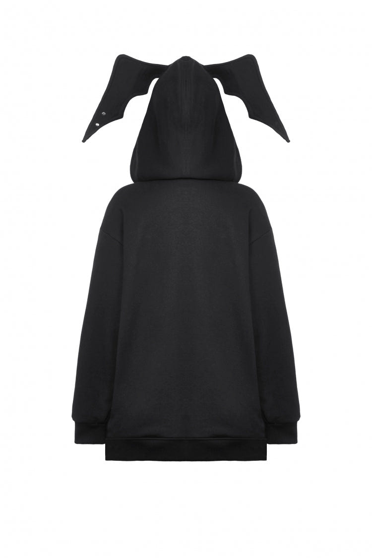 Black Long Sleeves Zippered Women's Gothic Batwing Hoodie - Product - 11