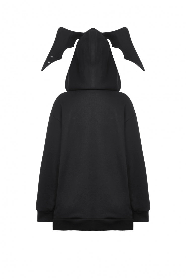 Black Long Sleeves Zippered Women's Gothic Batwing Hoodie - Product - 11