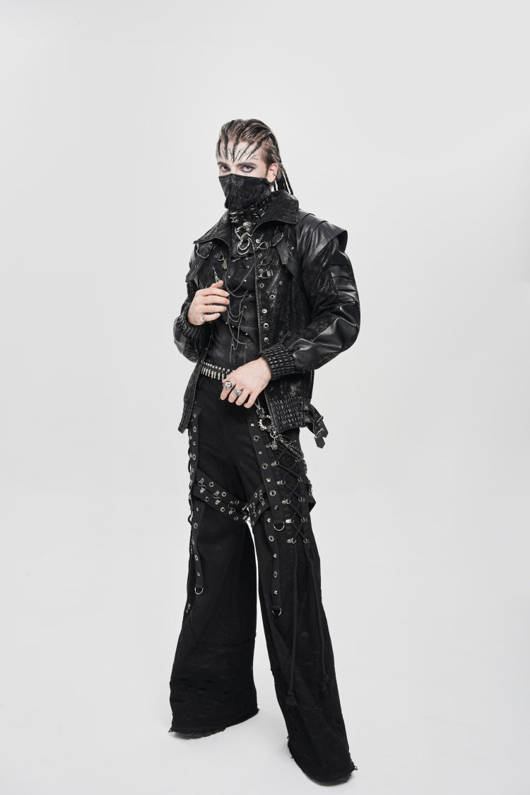 Black Faux Leather Stitching Buckle Zipper Straps Men's Punk Coat - Product - 2