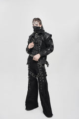 Black Faux Leather Stitching Buckle Zipper Straps Men's Punk Coat - Product - 2