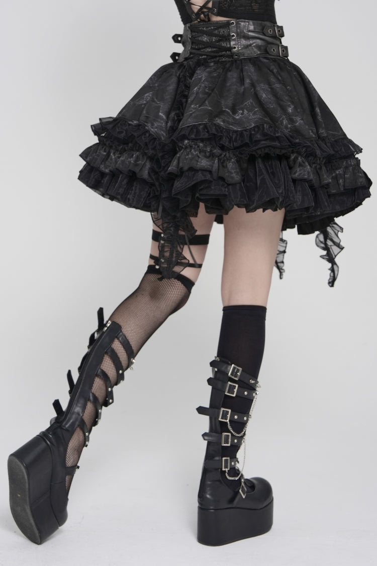 Black Multi-Layered Printed Spliced Lace Lace-Up Buckled Pleated Eyelet Women's Gothic Skirt - Product - 12