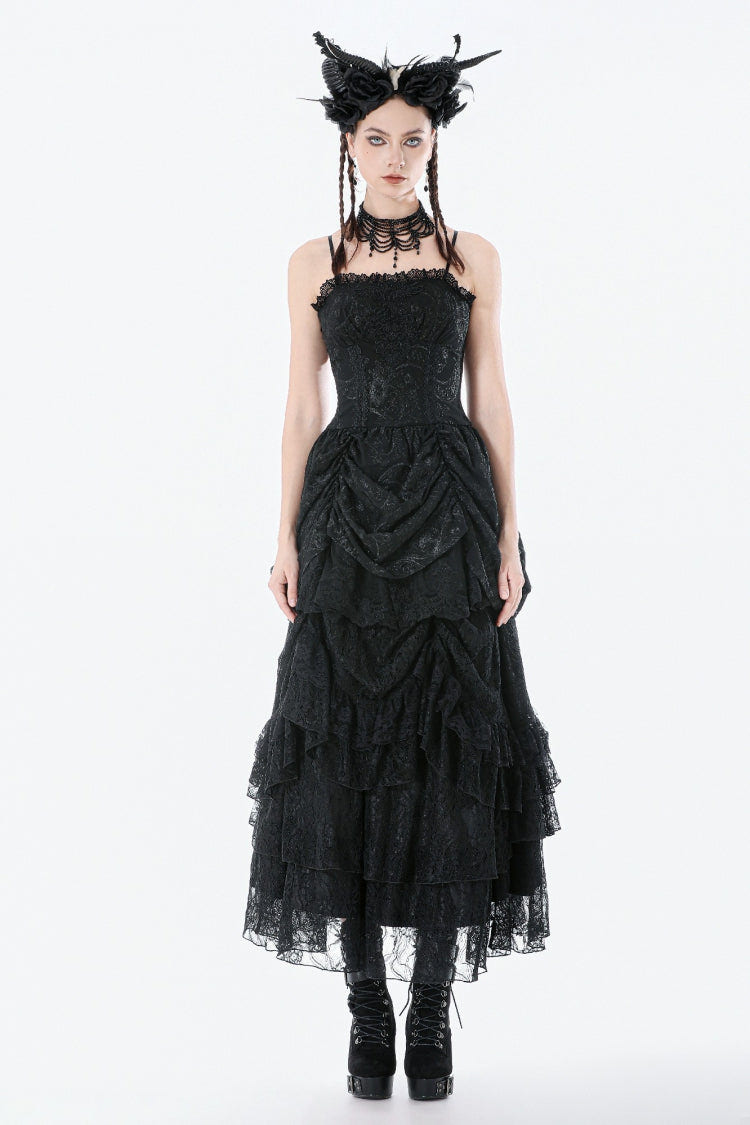 Black Sleeveless Multi-Layered Embroidered Women's Gothic Peplum Court Slip Dress - Product - 8