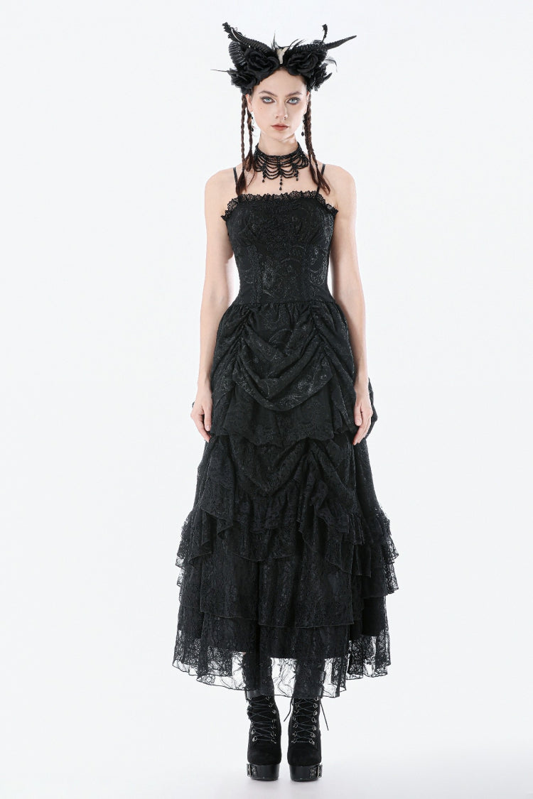 Black Sleeveless Multi-Layered Embroidered Women's Gothic Peplum Court Slip Dress - Product - 8