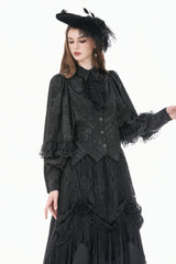 Black Point Collar Long Bishop Sleeves Rose Jacquard Irregular Hem Women's Gothic Blouse with Detachable Tie - Product - 5