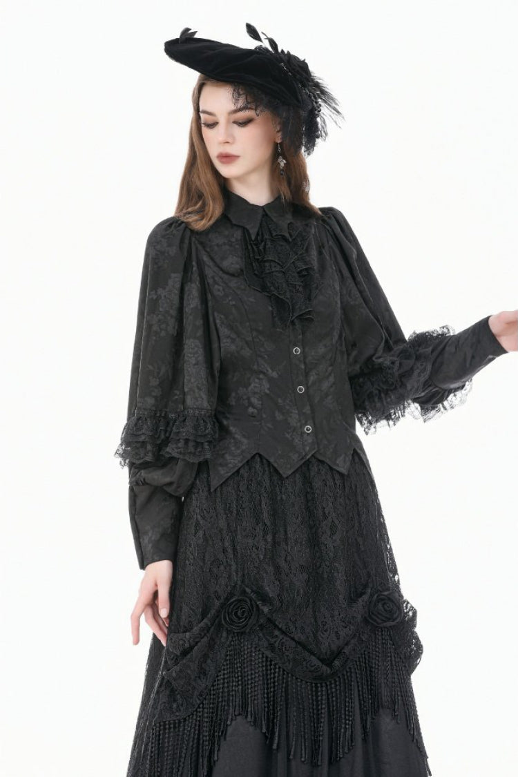 Black Point Collar Long Bishop Sleeves Rose Jacquard Irregular Hem Women's Gothic Blouse with Detachable Tie - Product - 5