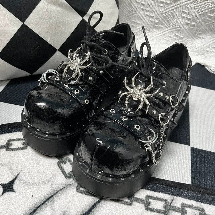 Cracked Black Spider Design Multiple Straps Chain-Decorated Gothic Punk Platform Shoes - Black - 1