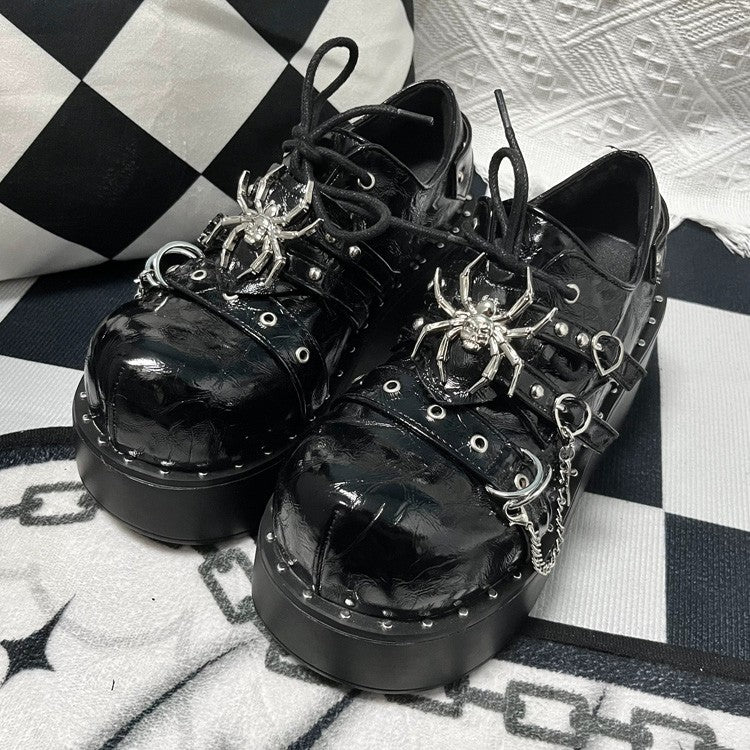 Cracked Black Spider Design Multiple Straps Chain-Decorated Gothic Punk Platform Shoes - Black - 1